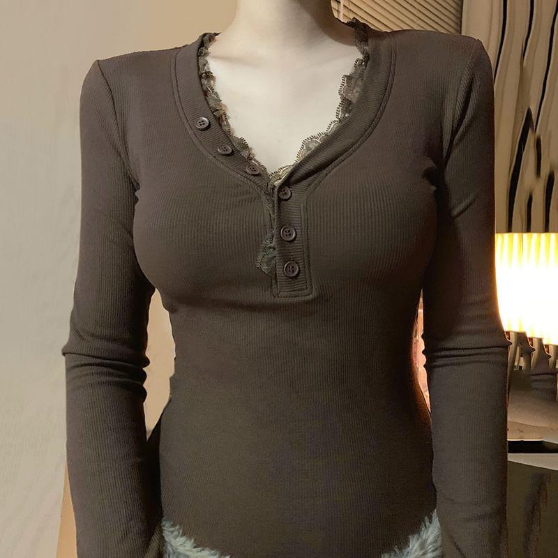 Long-Sleeve Lace Trim Plain Henley T-Shirt Product Image