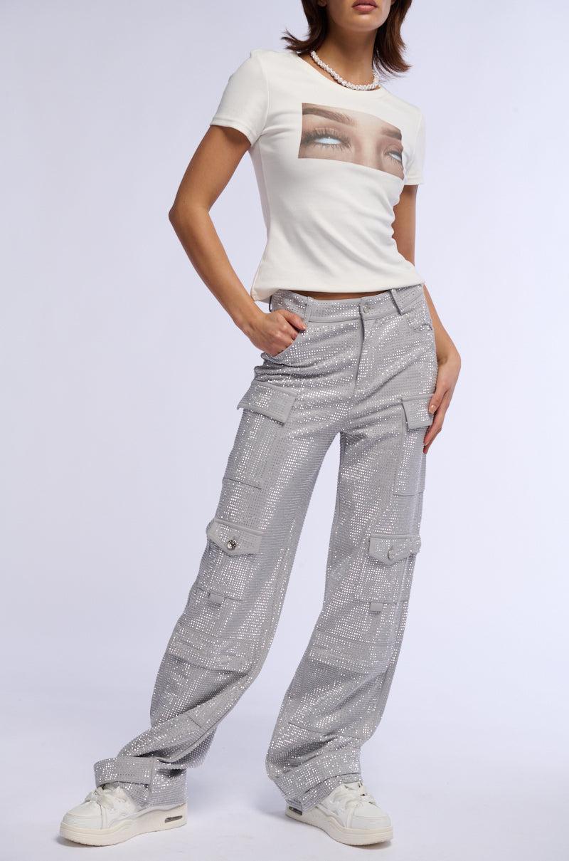 AMMO BONNE SOIREE RHINESTONE CARGO PANTS IN GREY Product Image