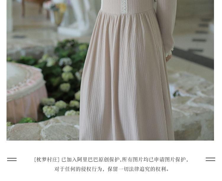 Long-Sleeve Scoop Neck Lace Trim Midi A-Line Dress Product Image