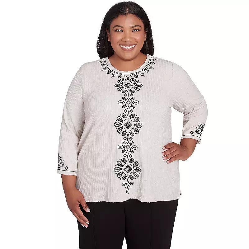 Plus Size Alfred Dunner Center Embroidered Medallion Textured Top, Womens Grey Product Image