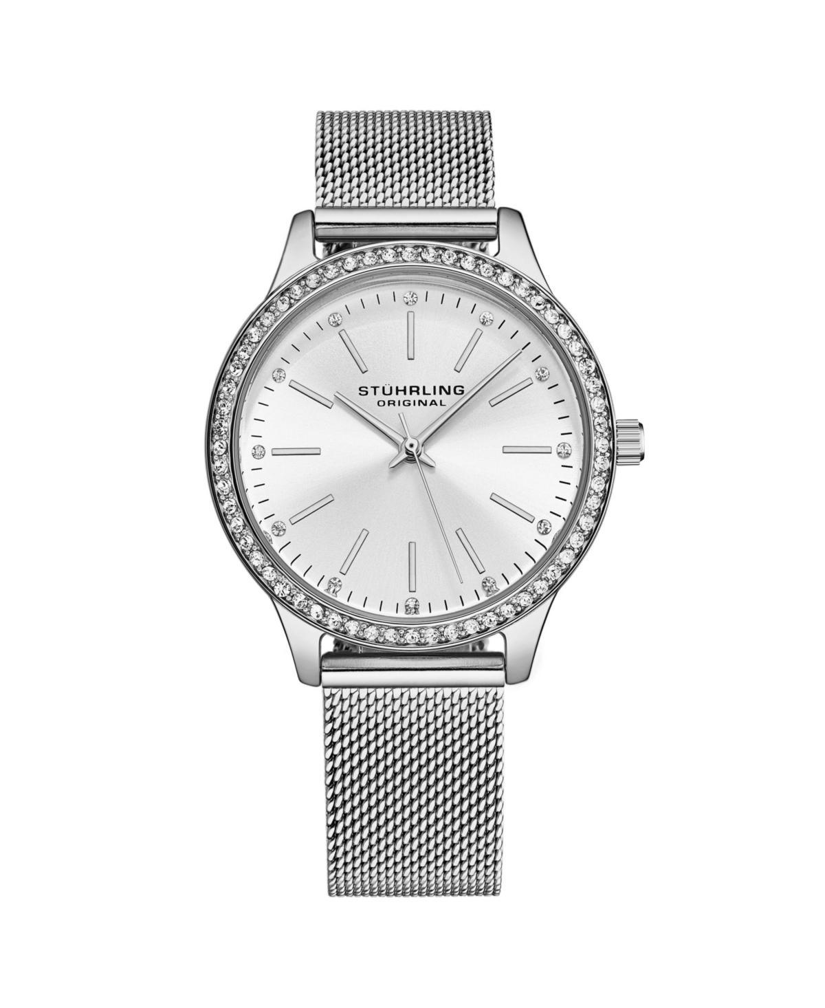 Stuhrling Womens Quartz Crystal Studded SilverCase and Dilver Mesh Bracelet, Silver Hands and Markers Watch Product Image