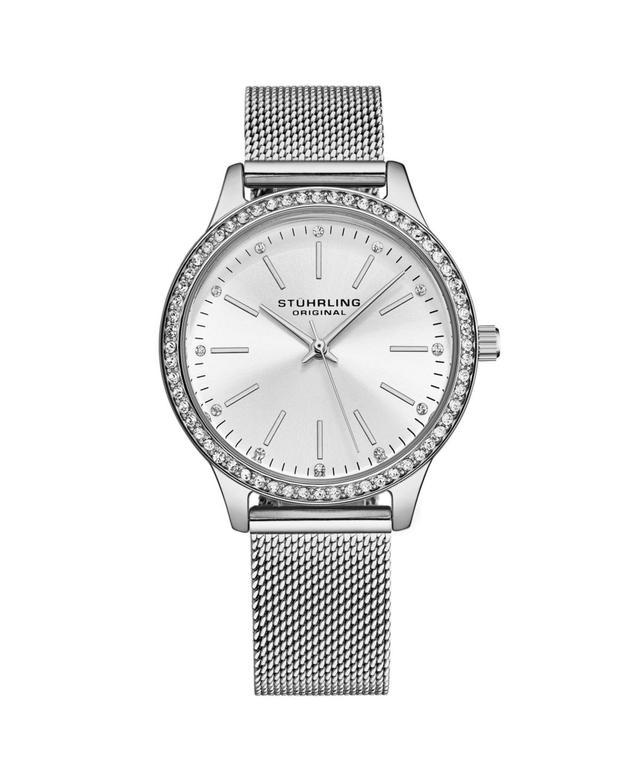 Stuhrling Womens Quartz Crystal Studded SilverCase and Dilver Mesh Bracelet, Silver Hands and Markers Watch Product Image