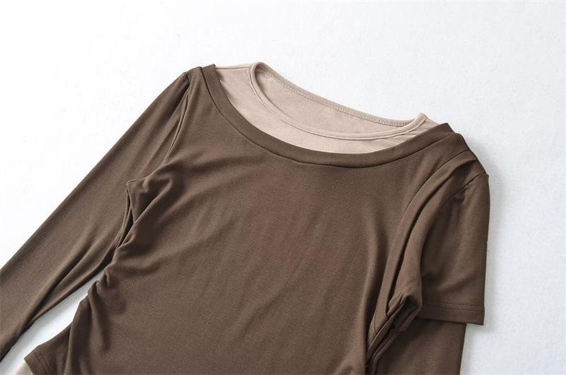 Long Sleeve Round Neck Mock Two Piece Ruched T-Shirt Product Image