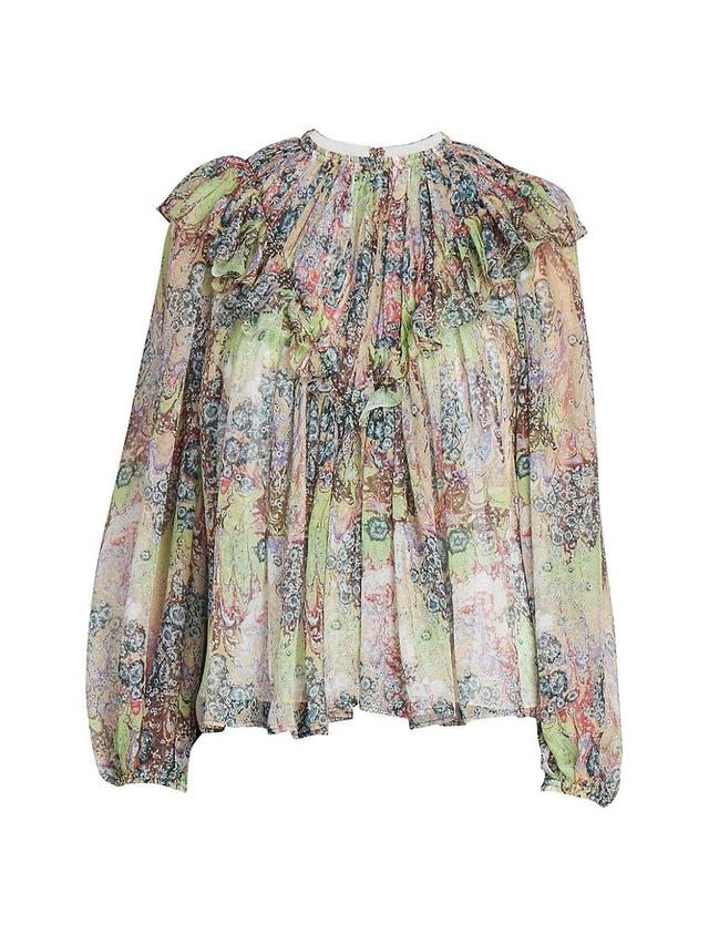 Womens Ruffled Multicolor Print Silk Top Product Image