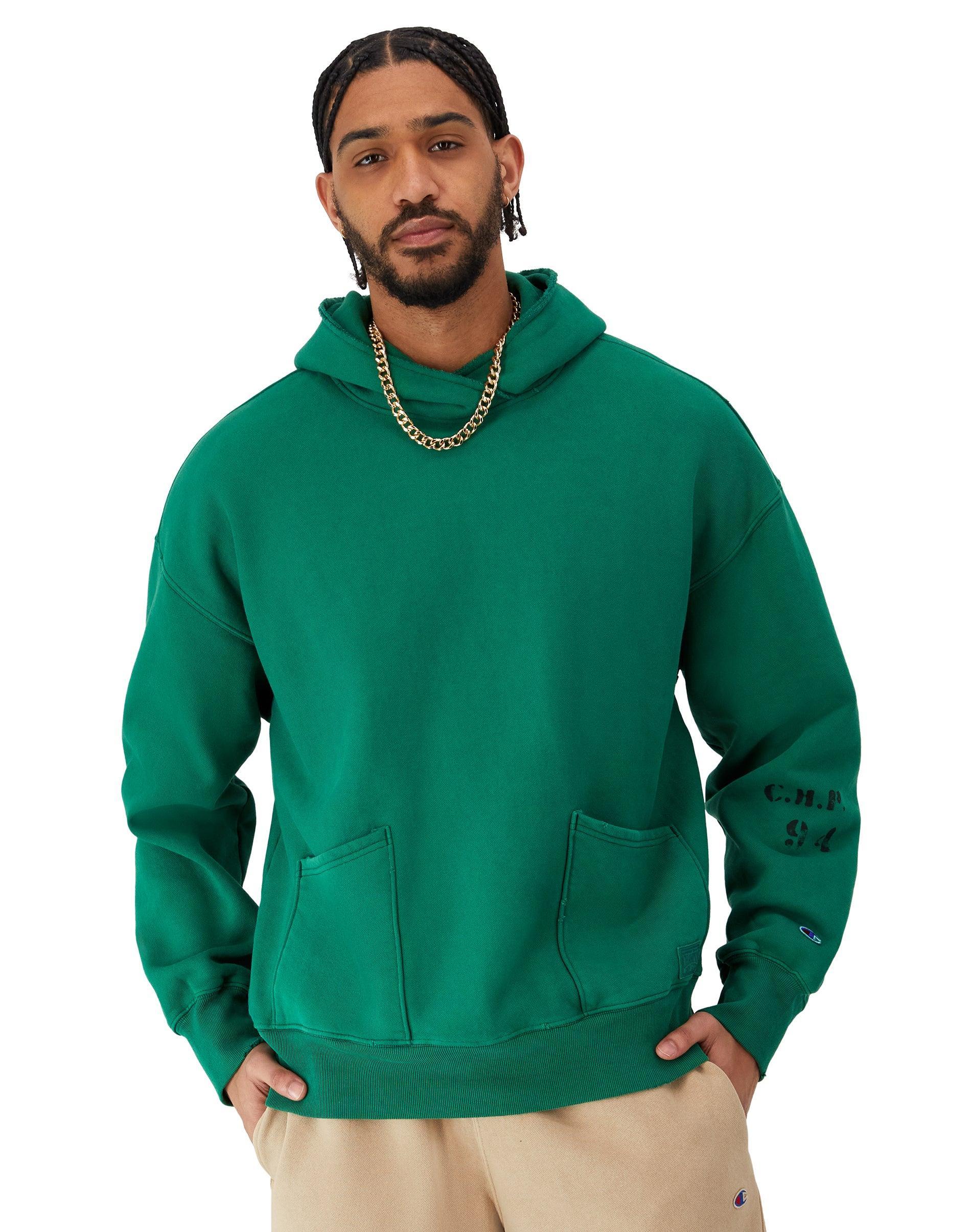 Mens Champion Reverse Weave Crossover Hoodie, Ink Stamped Time Capsule Athletic Dark Green L Product Image