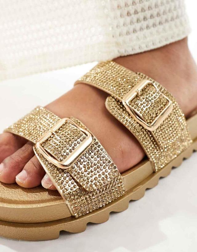 Glamorous rhinestone double strap slides in gold Product Image