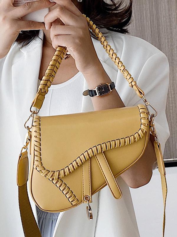 Urban Split-Joint Solid Color PU Shoulder Bag Saddle Bag Product Image