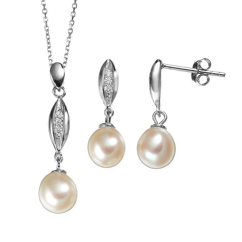 Freshwater Cultured Pearl & Cubic Zirconia Sterling Silver Pendant Necklace & Drop Earring Set, Womens White Product Image