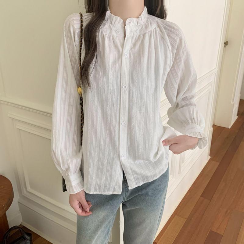 Puff-Sleeve High Neck Striped Ruffled Button-Up Blouse Product Image