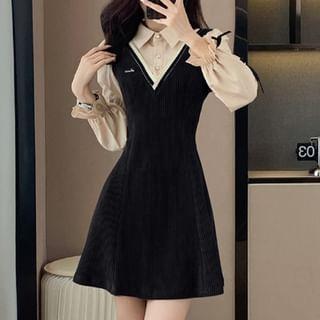 Puff-Sleeve Collar Two Tone Mock Two-Piece Mini A-Line Dress Product Image