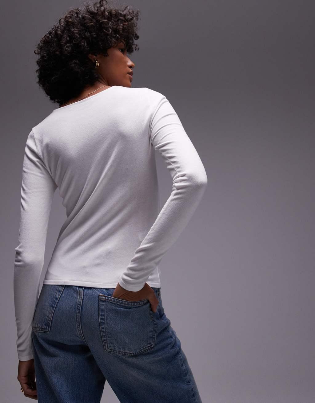 Mango classic long sleeve top in white Product Image