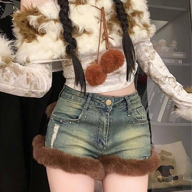 High Waist Faux Fur Trim Washed Denim Shorts Product Image