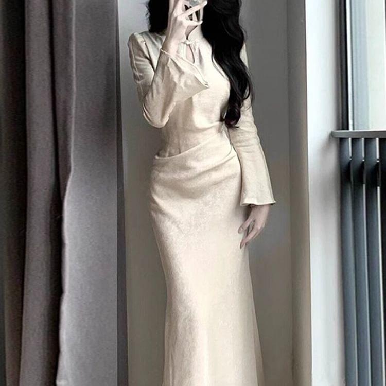 Long Sleeve Mandarin Collar Plain Keyhole Maxi Mermaid Dress Product Image