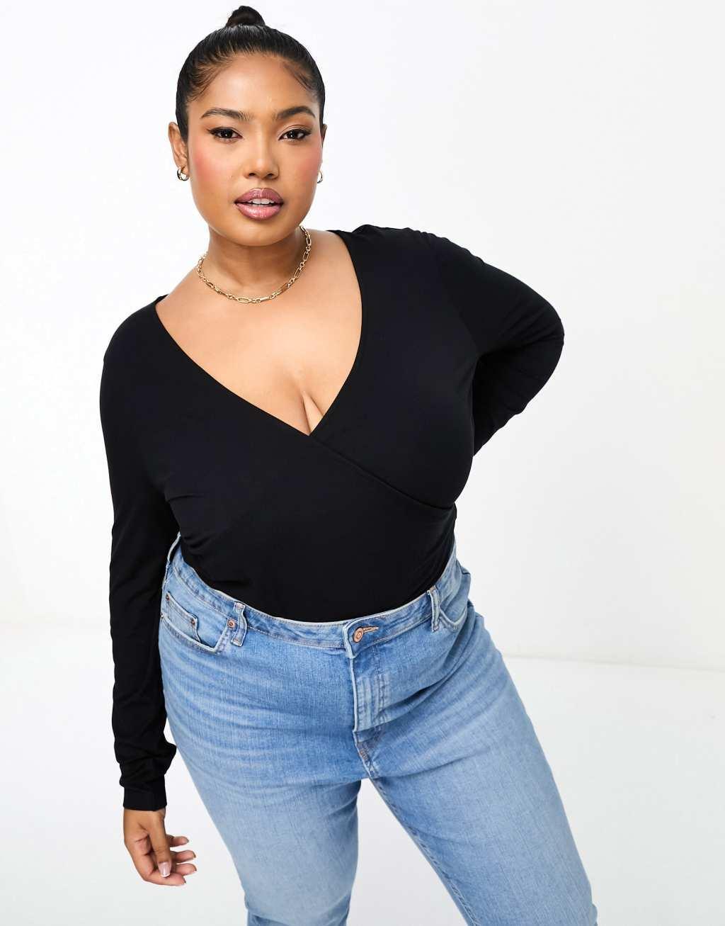 ASOS DESIGN Curve long sleeve wrap top in black Product Image