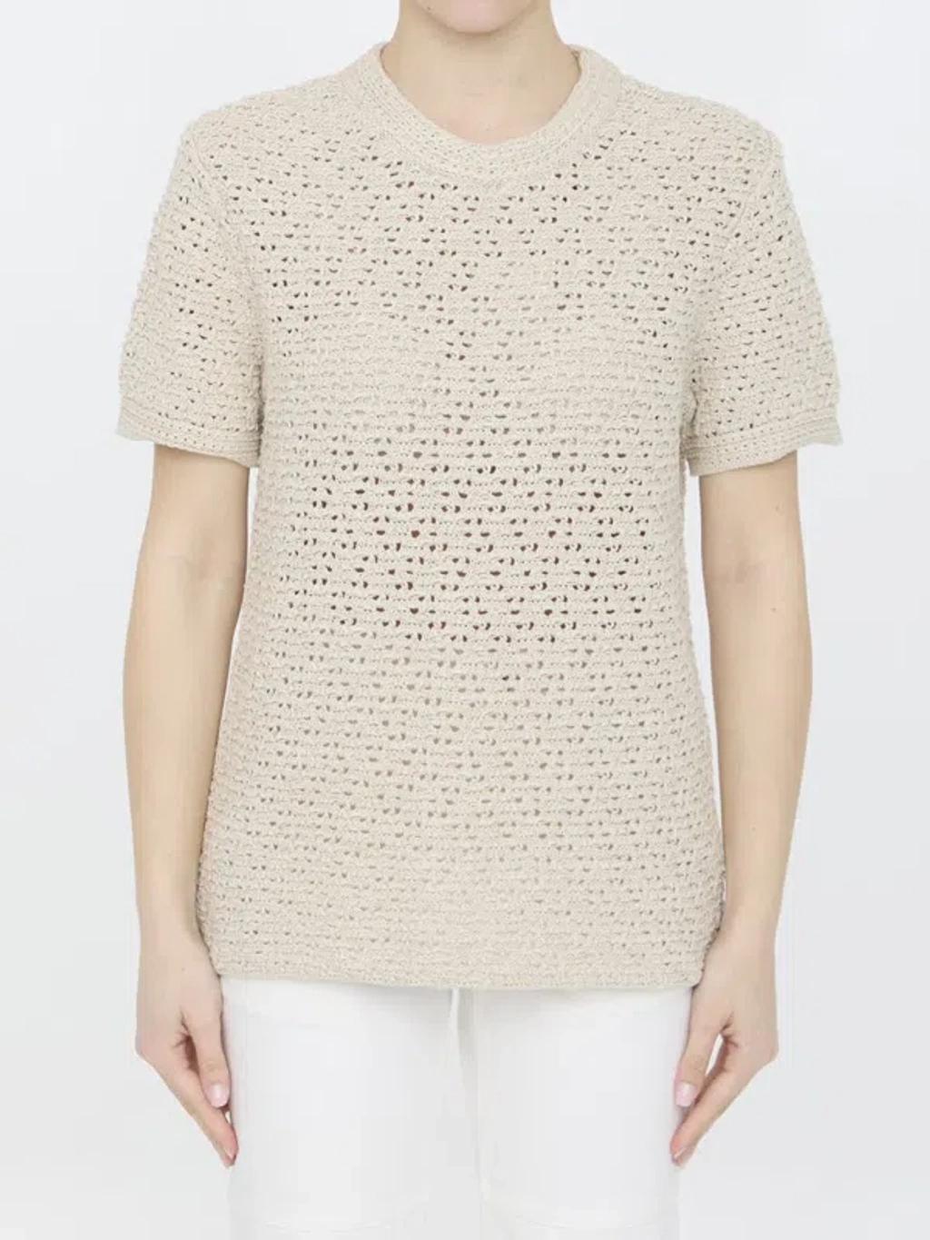 Crochet-knit Cotton T-shirt In Beige Product Image