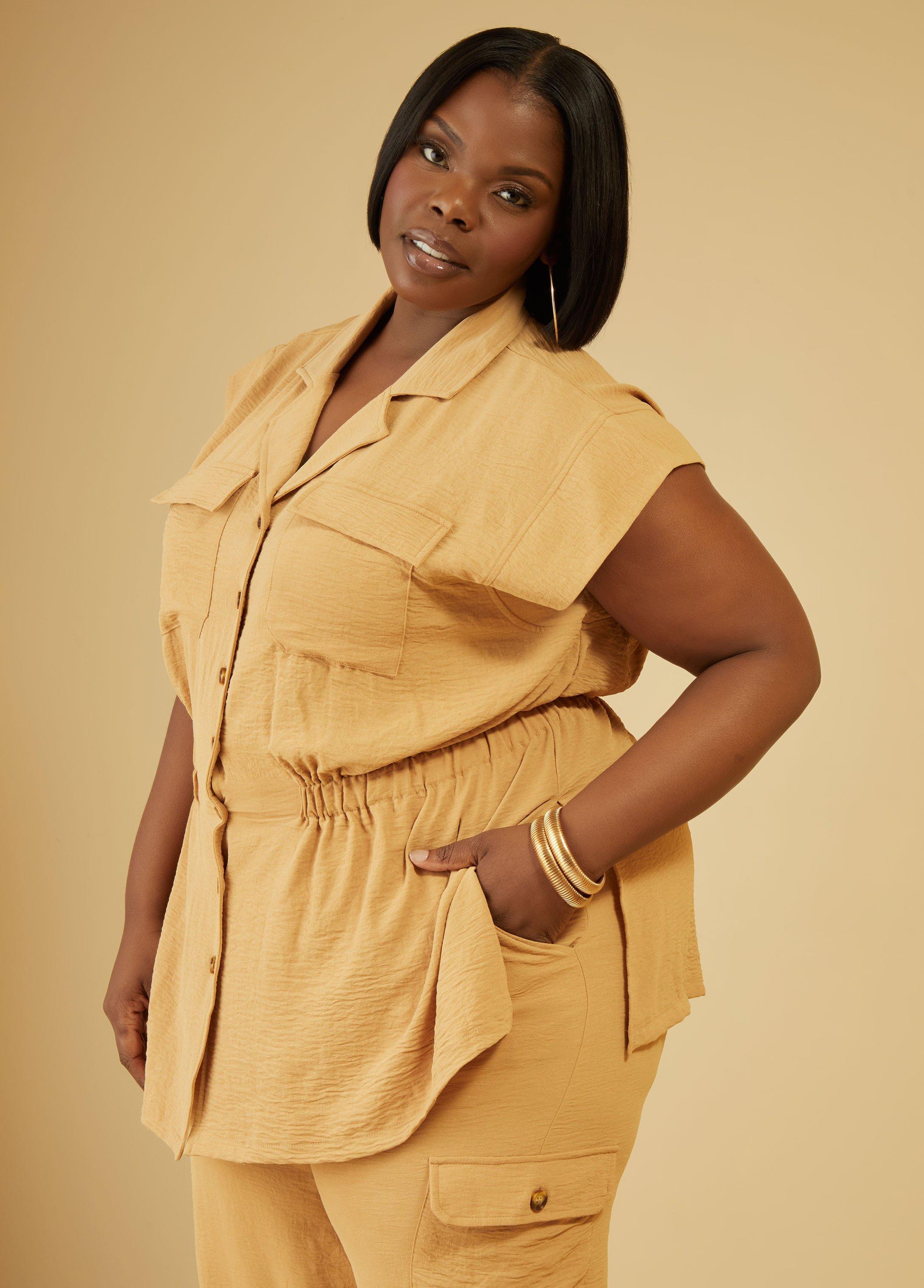 Plus Size Gathered Textured Cargo Shirt Ashley Stewart Product Image