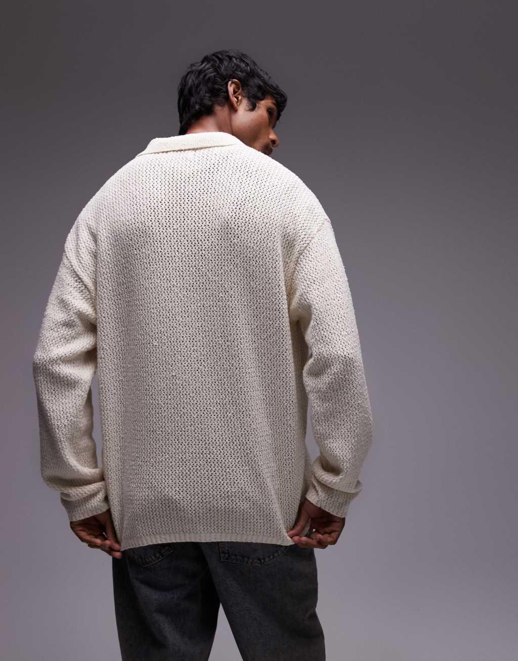 Topman long sleeve knitted crochet shirt in cream Product Image