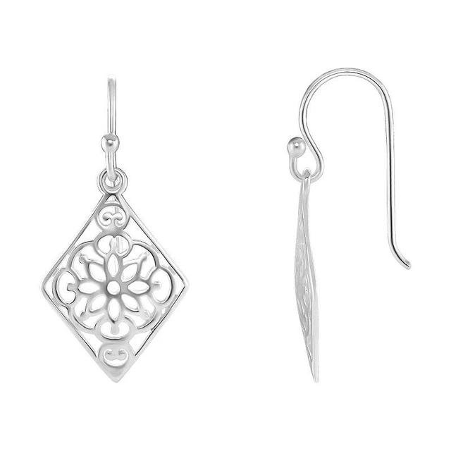 PRIMROSE Sterling Silver Polished Flower Filigree Diamond Shape Drop Earrings, Womens, Silver Tone Product Image