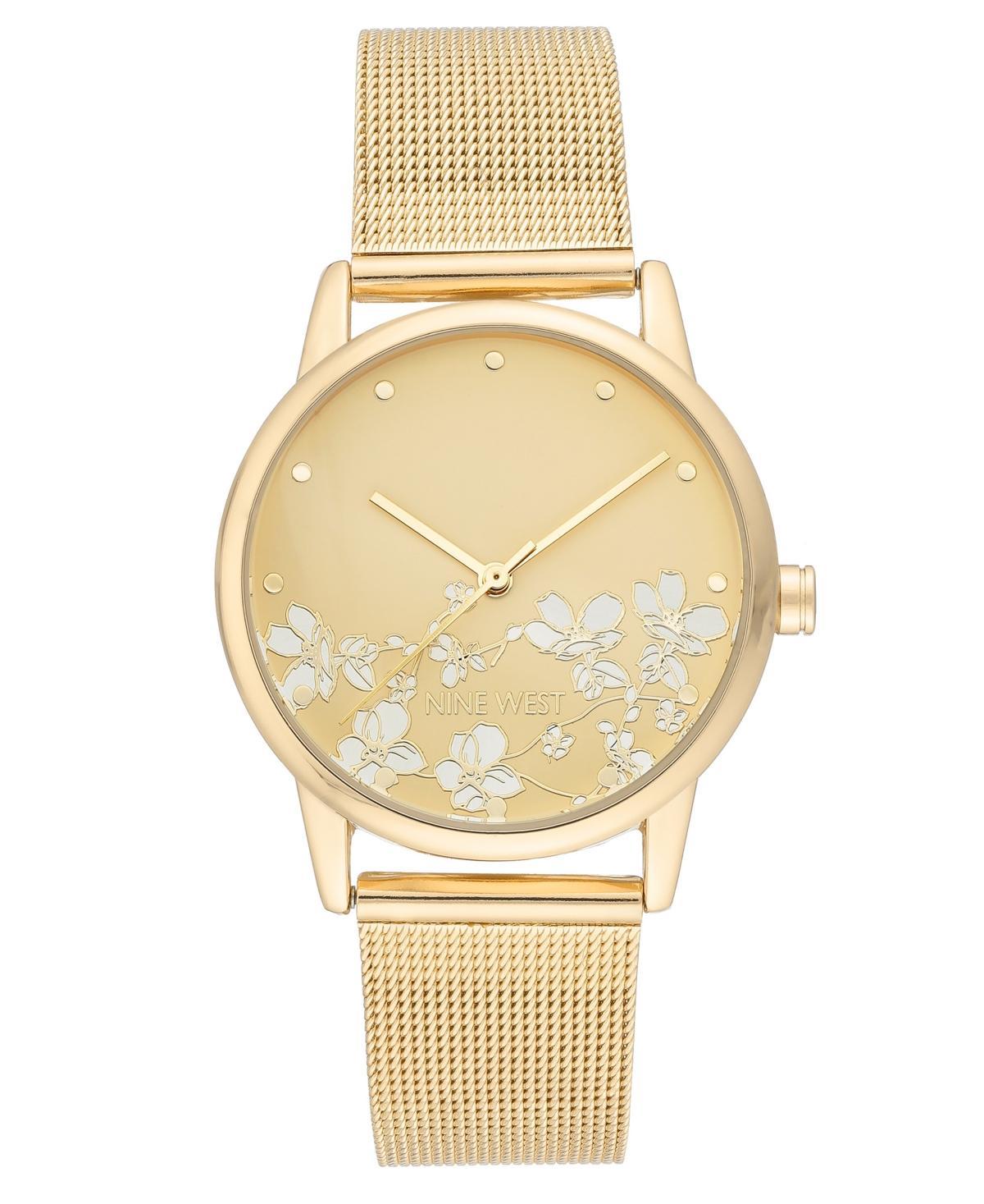 Nine West Womens Quartz Gold-Tone Stainless Steel Mesh Band and Flower Pattern Watch, 35mm Product Image