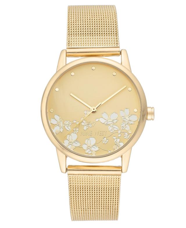 Nine West Womens Quartz Gold-Tone Stainless Steel Mesh Band and Flower Pattern Watch, 35mm Product Image