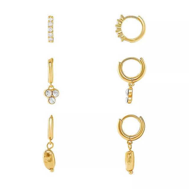 Emberly Gold Tone Crystal Huggie Earrings, Triple Drop Hoop Earrings, & Hammered Charm Drop Hoop Earrings Trio Set, Womens, Yellow Product Image