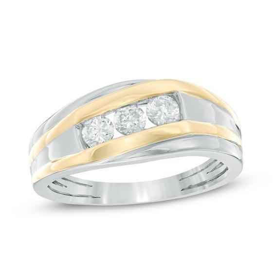 Men's 1/2 CT. T.w. Diamond Three Stone Slant Wedding Band in 10K Two-Tone Gold Product Image