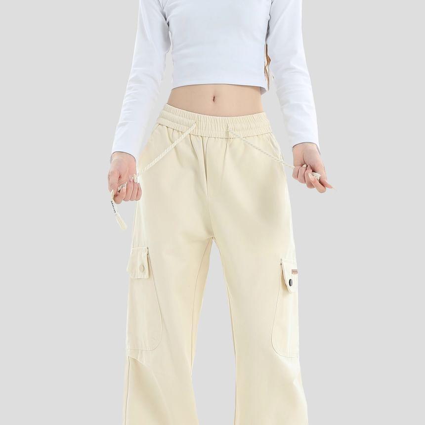 Drawstring Waist Plain Wide Leg Cargo Pants Product Image