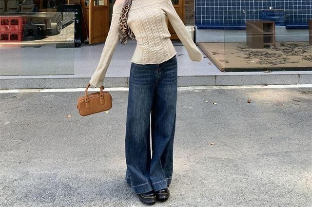 Off-Shoulder Long-Sleeve Plain Knit Top Product Image