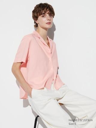 Womens Linen Blend Open Collar Short-Sleeve Shirt Pink Small UNIQLO US Product Image