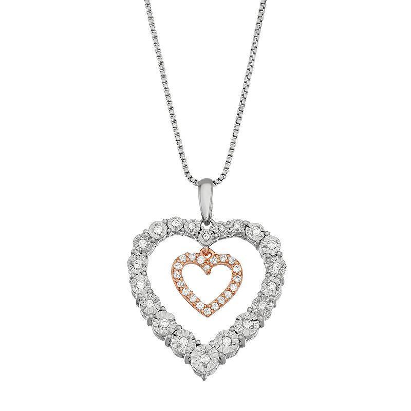 Two Tone Sterling Silver 1/5 Carat T.W. Diamond Double Heart Pendant, Womens Product Image