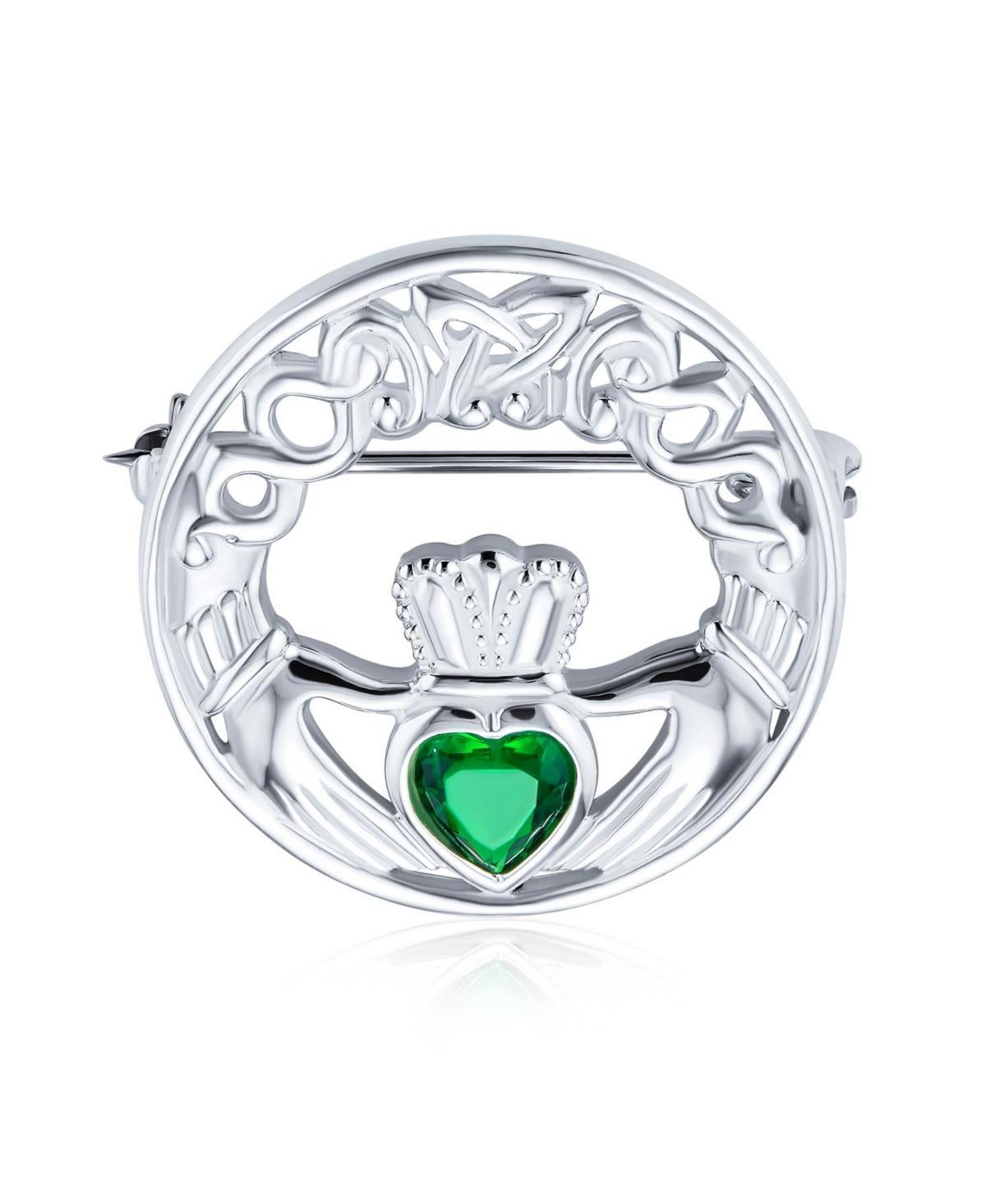 Bling Jewelry Irish Celtic Round Circle Claddagh Brooch Pin For Women Green Heart Shaped Cubic Zirconia Sterling Silver Product Image