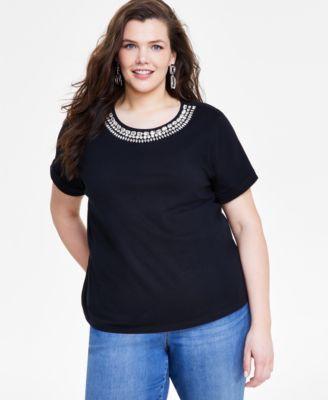 Plus Size Cotton Embellished Tee, Created for Macy's Product Image