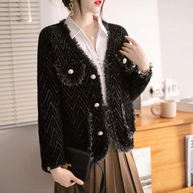 V-Neck Zig Zag Fringe Faux Pearl Button Cardigan Product Image