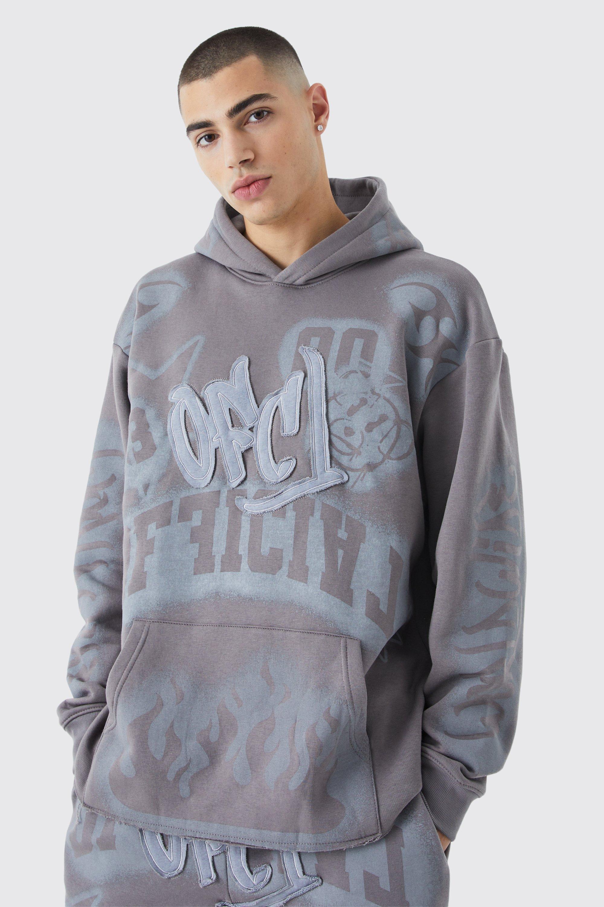 Mens Grey Oversized Graffiti Print Hoodie, Grey Product Image