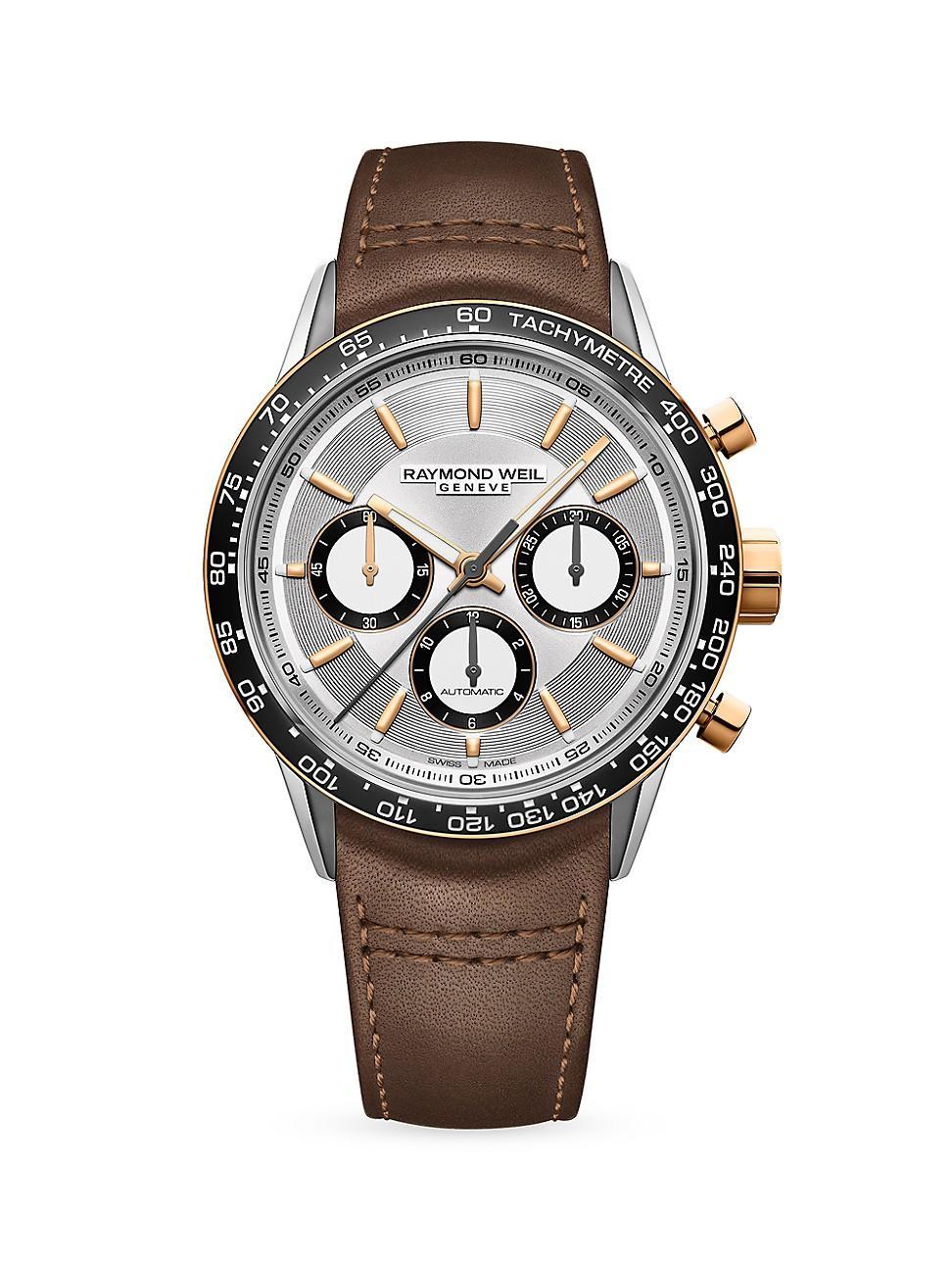 Raymond Weil Freelancer Automatic Chronograph Silver Dial Brown Leather Strap Watch, 43.5mm Product Image