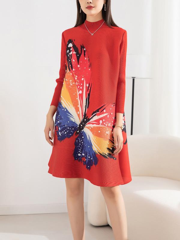 Casual Long Sleeves Loose Contrast Color Printed Pleated Beaded Stand Collar Mini Dresses Product Image