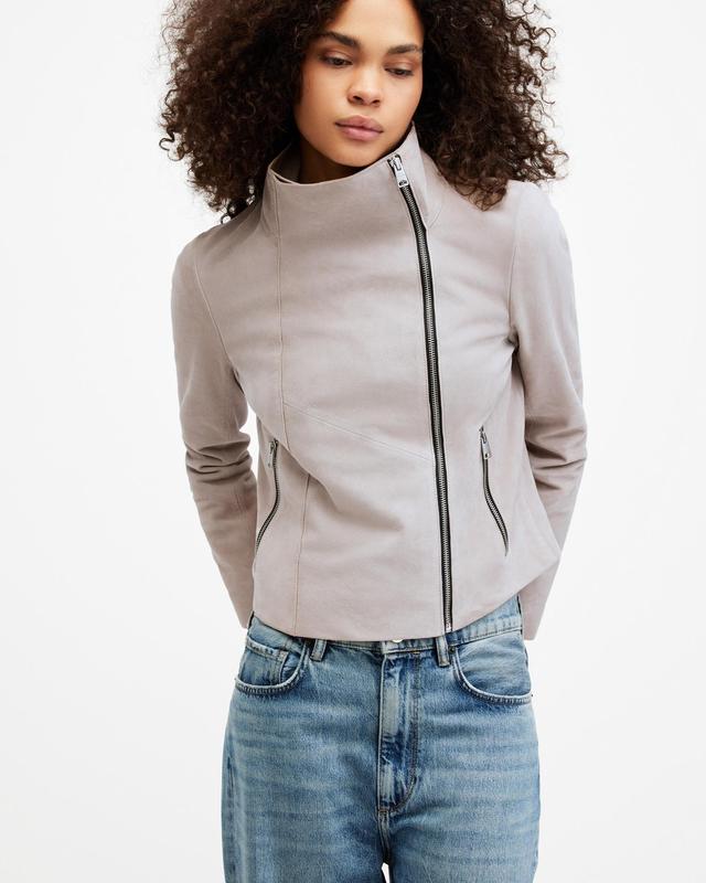 Gray Funnel Neck Draped Suede Jacket Product Image