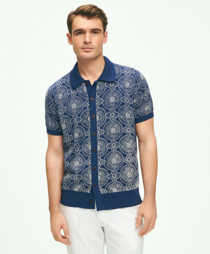 Cotton Polo Cardigan In Batik-Inspired Block Print Product Image