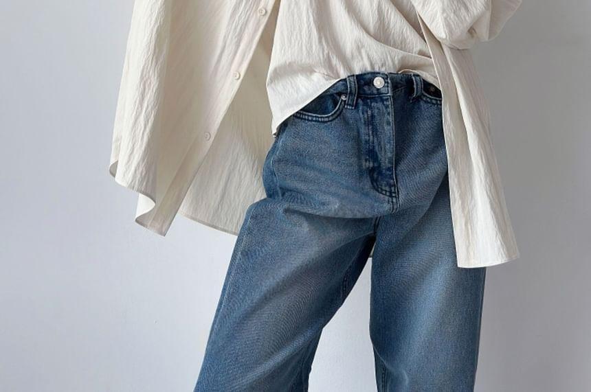 Set: Long-Sleeve Plain Loose-Fit Shirt + Camisole Top Product Image