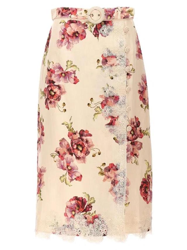 ZIMMERMANN Belted Wrap-effect Floral-print Linen Midi Skirt In Multicolour Product Image