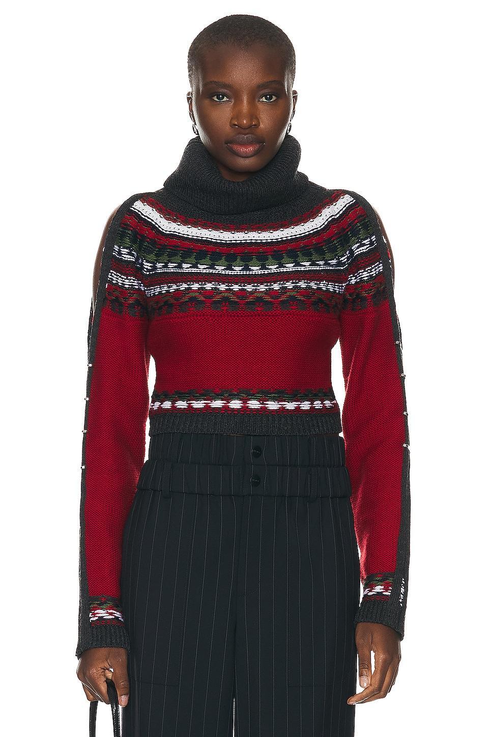 Monse Cropped Fairisle Slit Sleeve Turtleneck Sweater in Red Product Image