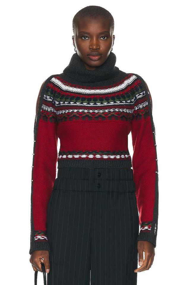 Monse Cropped Fairisle Slit Sleeve Turtleneck Sweater in Red & Charcoal - Red. Size S (also in ). Product Image