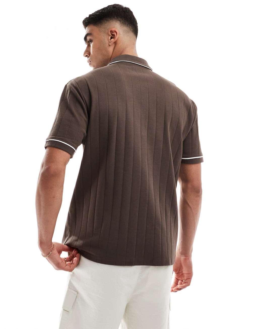 ASOS DESIGN relaxed ribbed polo with white tipping in brown Product Image