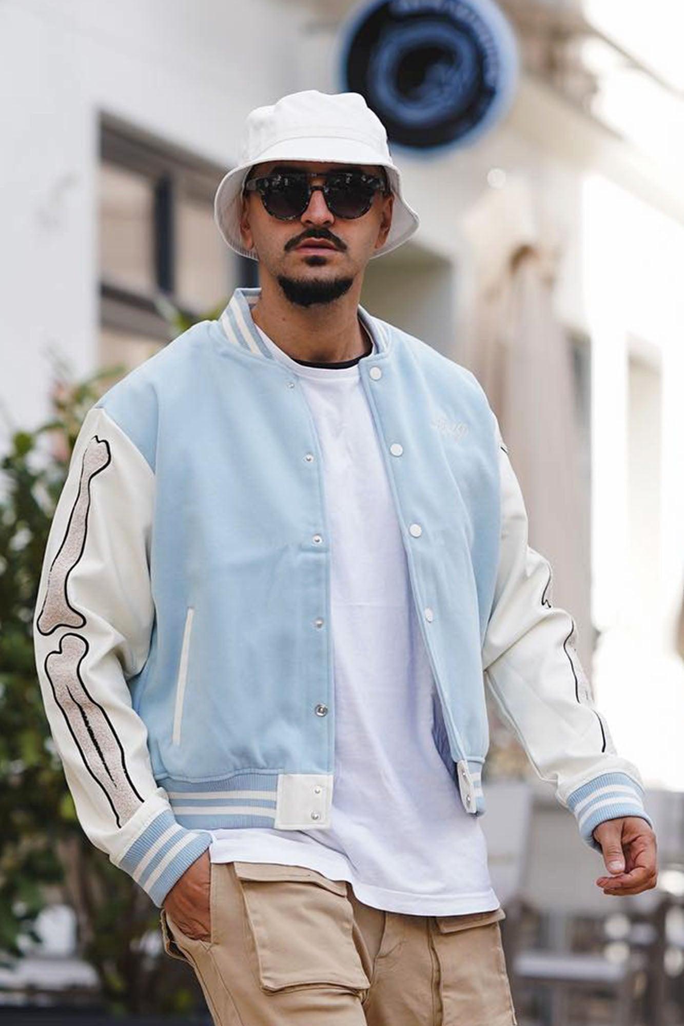 Bone Applique Varsity Bomber Jacket - Light Blue Product Image