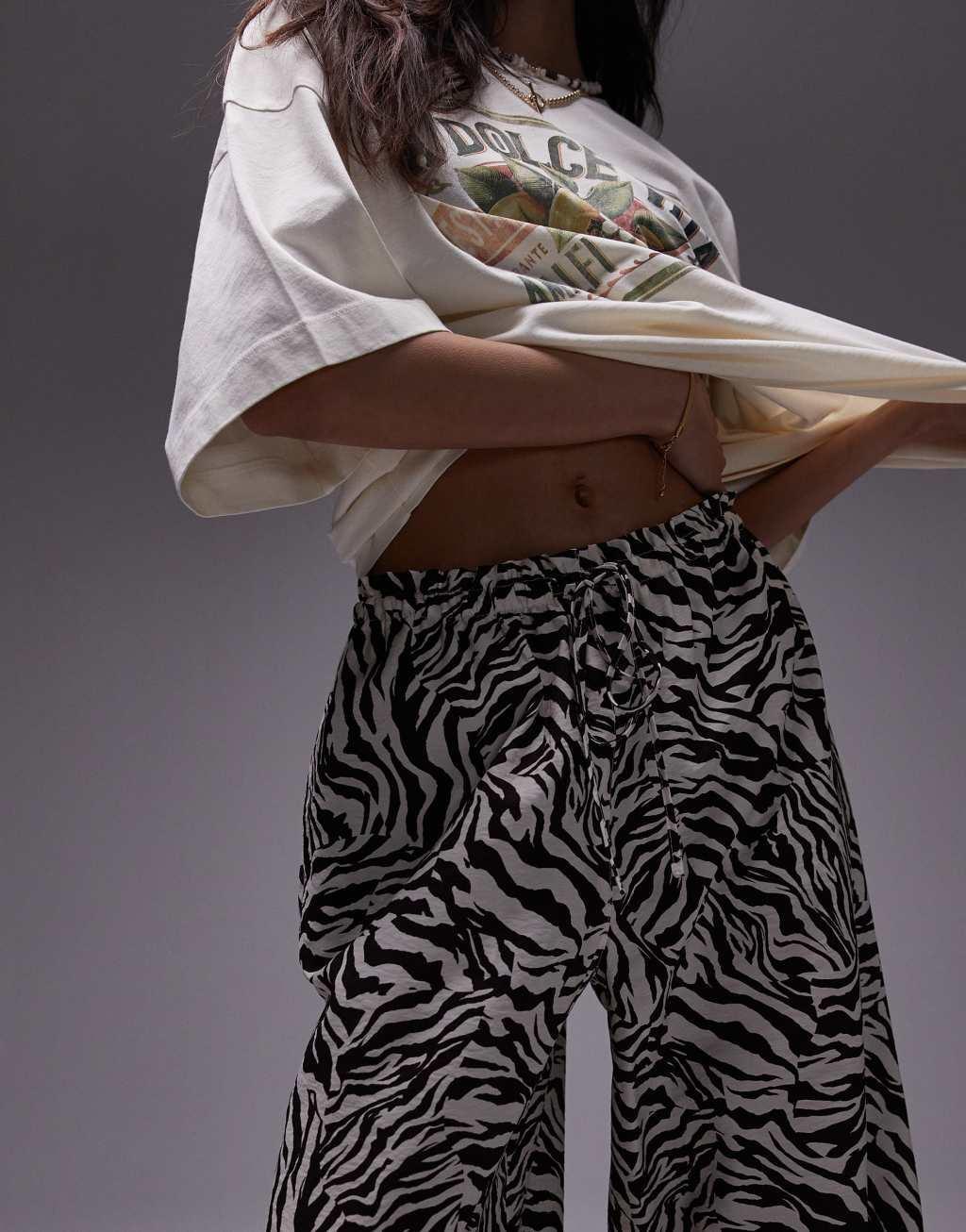 Topshop zebra print pull-on tie waist pants in multi Product Image