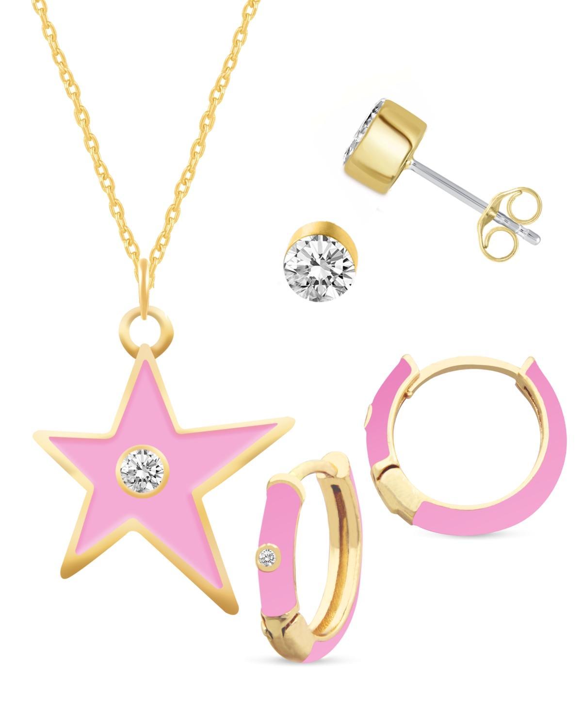 Royal Aura Pink Enamel Necklace, Stud & Hoop Earring Trio Set, Womens Gold Tone Pink Product Image