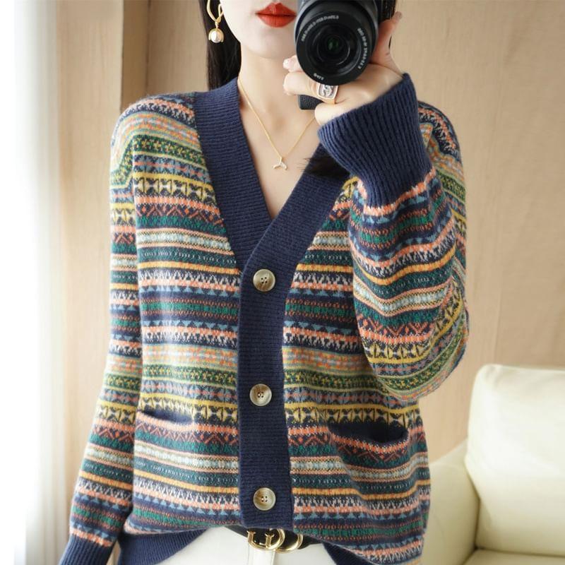 V-Neck Pattern Button-Up Cardigan Product Image