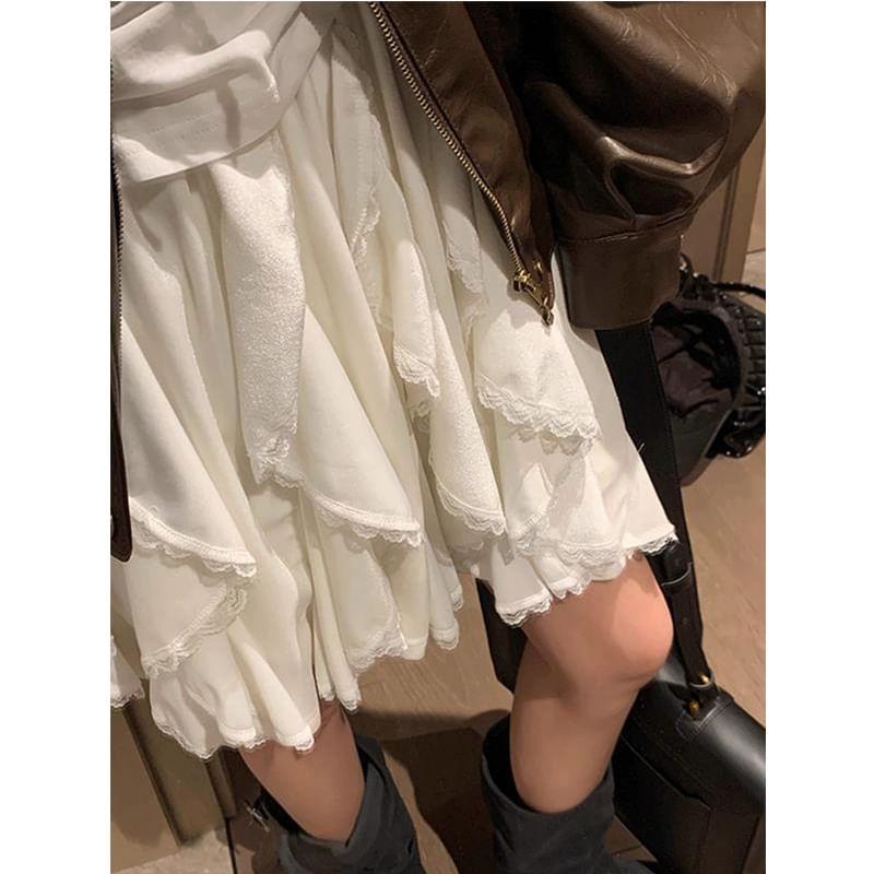 High Waist Plain Lace Trim Asymmetrical A-Line Skirt Product Image