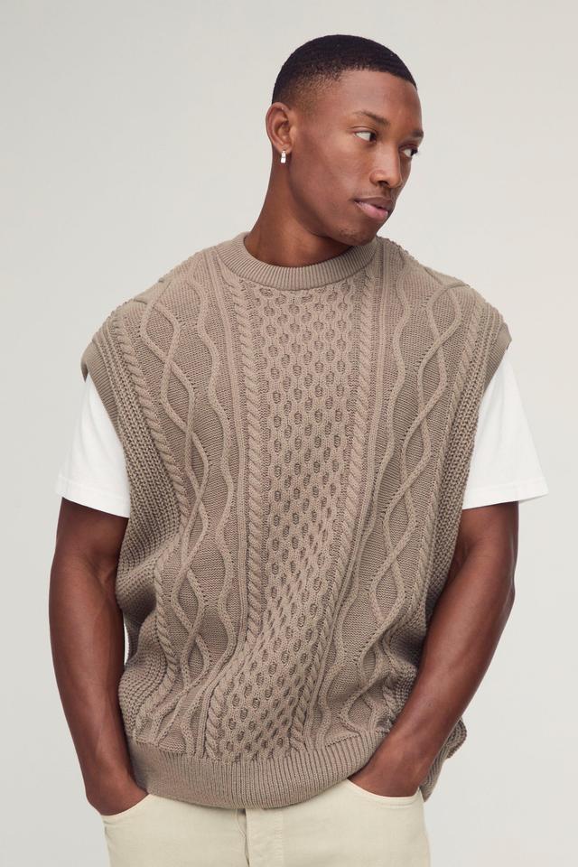 Oversized Crew Neck Cable Knitted Vest | boohooMAN USA Product Image