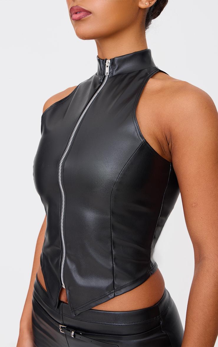 Black Faux Leather Zip Up High Neck Top Product Image